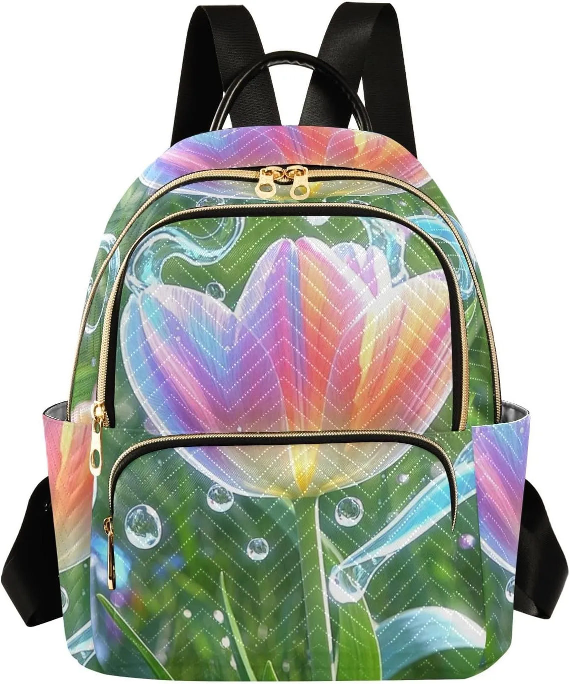Mini Backpack Quilted Purse for Womens Small Backpack Daypack Tulips Print for Travel Daily Office,Multi10