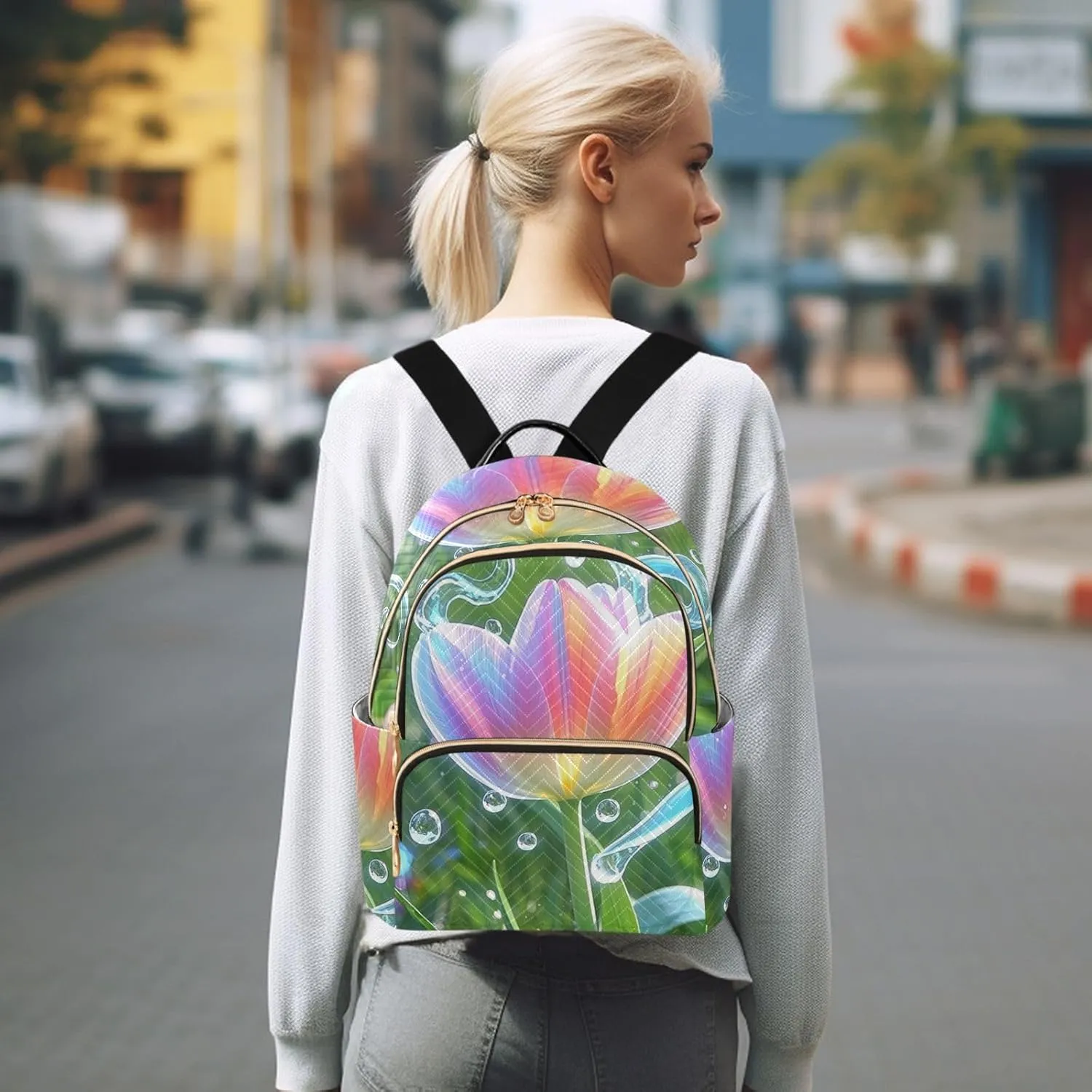 Mini Backpack Quilted Purse for Womens Small Backpack Daypack Tulips Print for Travel Daily Office,Multi10