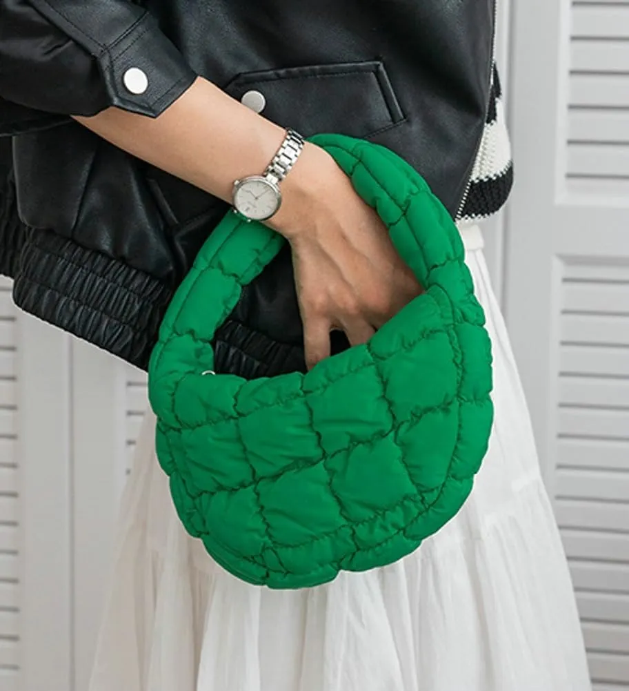 Mini Puffy Quilted Handbag Soft Puffer Tote Bag for Women Cute Wrist Bubble Bag Lightweight Nylon Clutch Purse