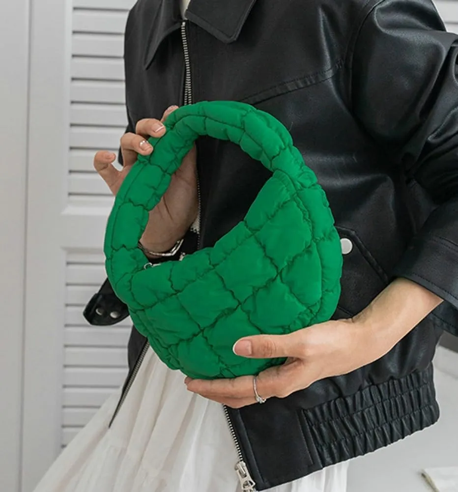 Mini Puffy Quilted Handbag Soft Puffer Tote Bag for Women Cute Wrist Bubble Bag Lightweight Nylon Clutch Purse