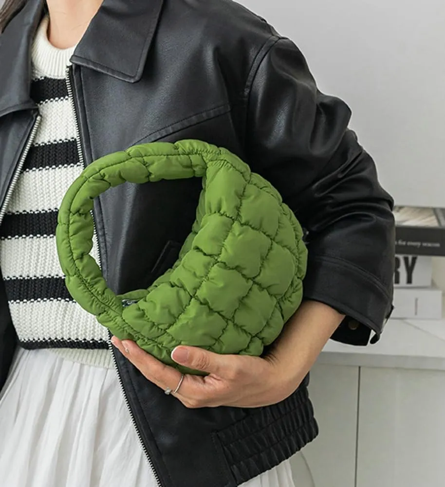 Mini Puffy Quilted Handbag Soft Puffer Tote Bag for Women Cute Wrist Bubble Bag Lightweight Nylon Clutch Purse