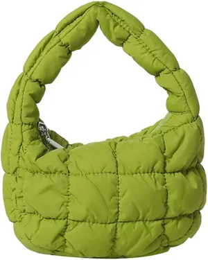 Mini Puffy Quilted Handbag Soft Puffer Tote Bag for Women Cute Wrist Bubble Bag Lightweight Nylon Clutch Purse