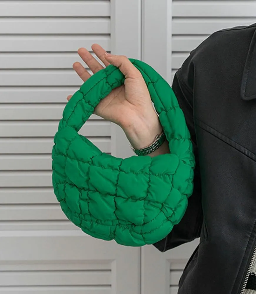 Mini Puffy Quilted Handbag Soft Puffer Tote Bag for Women Cute Wrist Bubble Bag Lightweight Nylon Clutch Purse