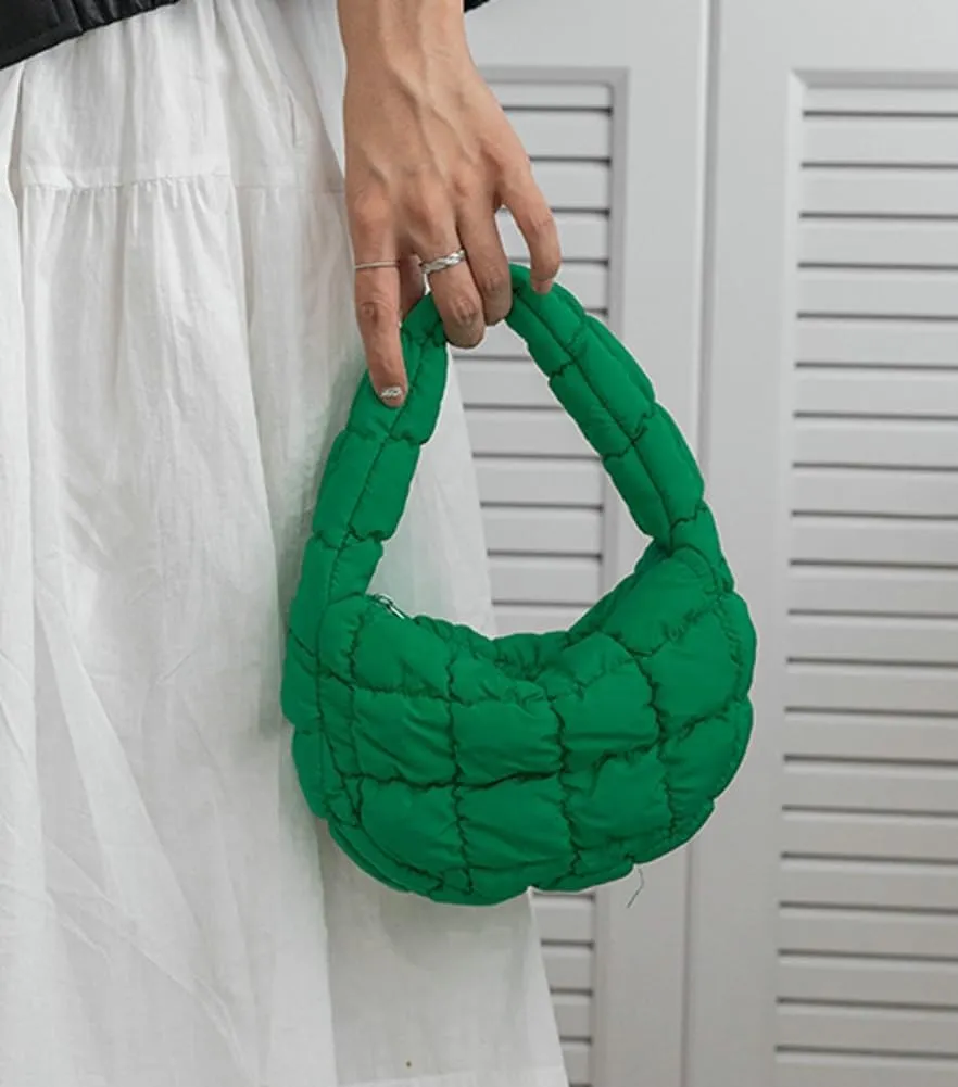 Mini Puffy Quilted Handbag Soft Puffer Tote Bag for Women Cute Wrist Bubble Bag Lightweight Nylon Clutch Purse