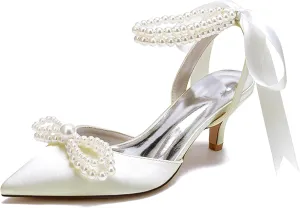 Minishion Bride Wedding Shoes Low Heel Beaded Evening Sandals Slingback Prom Pumps with Ribbon MS316