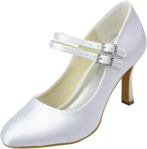 Minishion Girls Womens Mary Jane Buckle Satin Bridal Wedding Evening Pumps Shoes