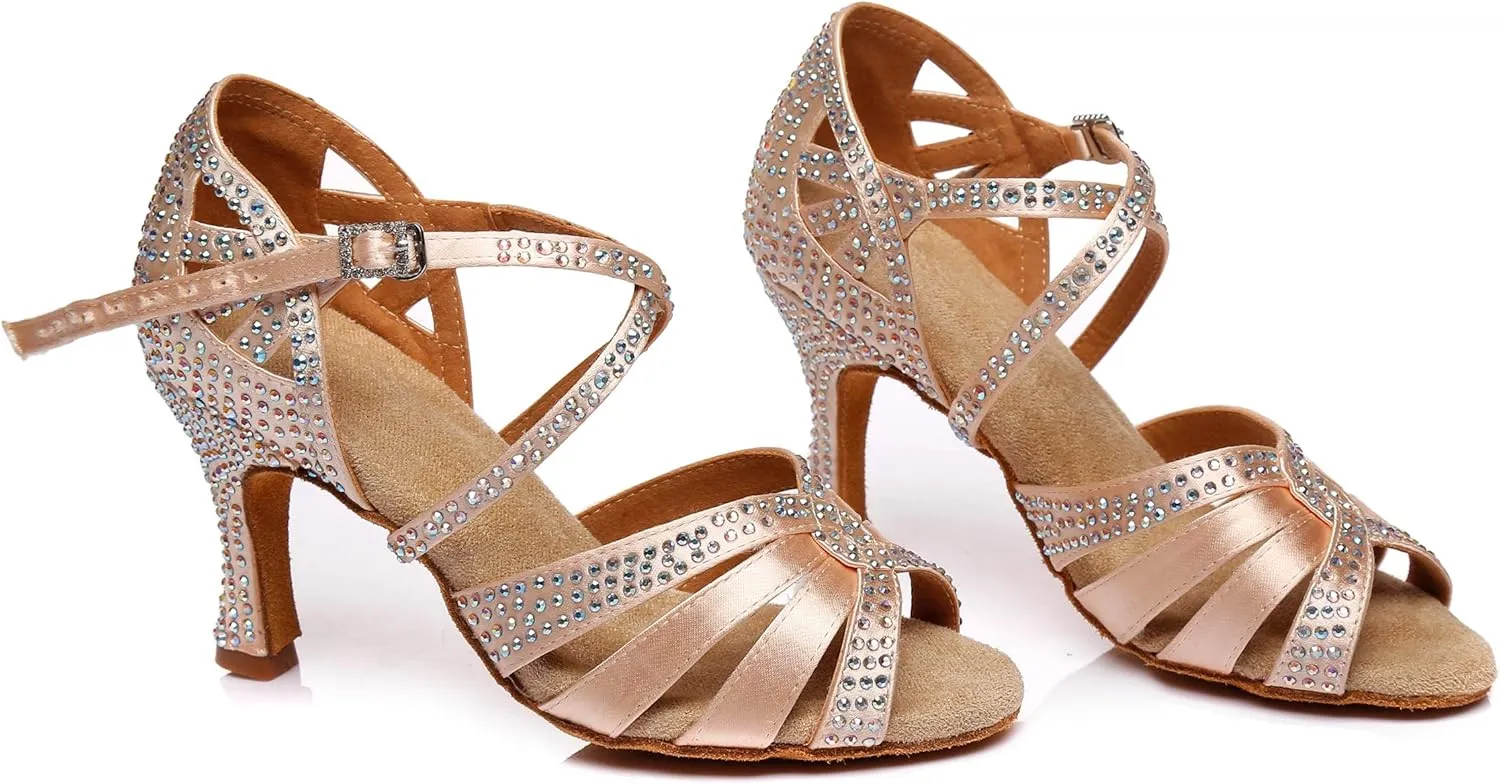 Minishion Women's Latin Salsa Cross Strap Crystals Satin Social Dance Shoes Bridal Sandals