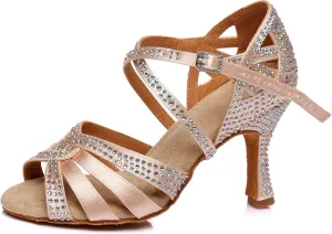 Minishion Women's Latin Salsa Cross Strap Crystals Satin Social Dance Shoes Bridal Sandals