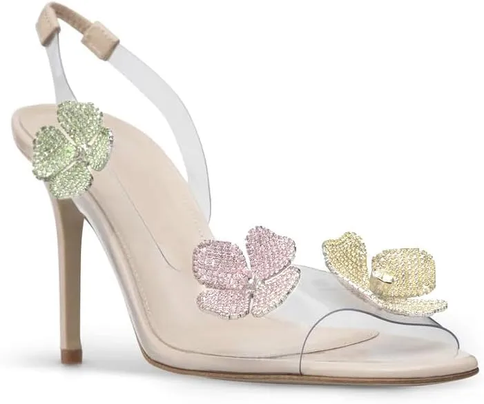 MissHeel Clear Heels with Rhinestone Clovers Open Toe Slingback Heels