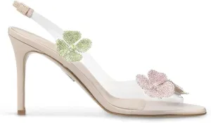 MissHeel Clear Heels with Rhinestone Clovers Open Toe Slingback Heels