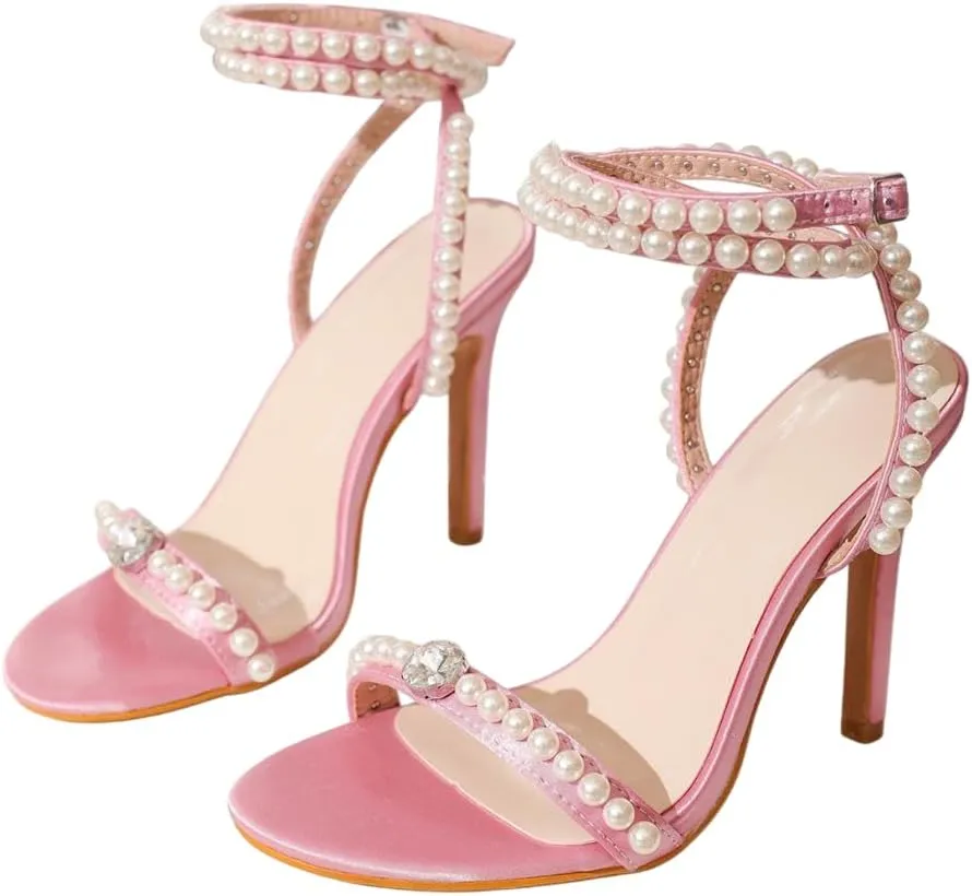 MissHeel Pearls Ankle Strap Dressy Heels Diamonte Stiletto Heels