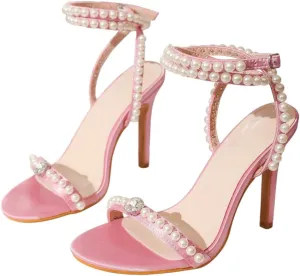MissHeel Pearls Ankle Strap Dressy Heels Diamonte Stiletto Heels