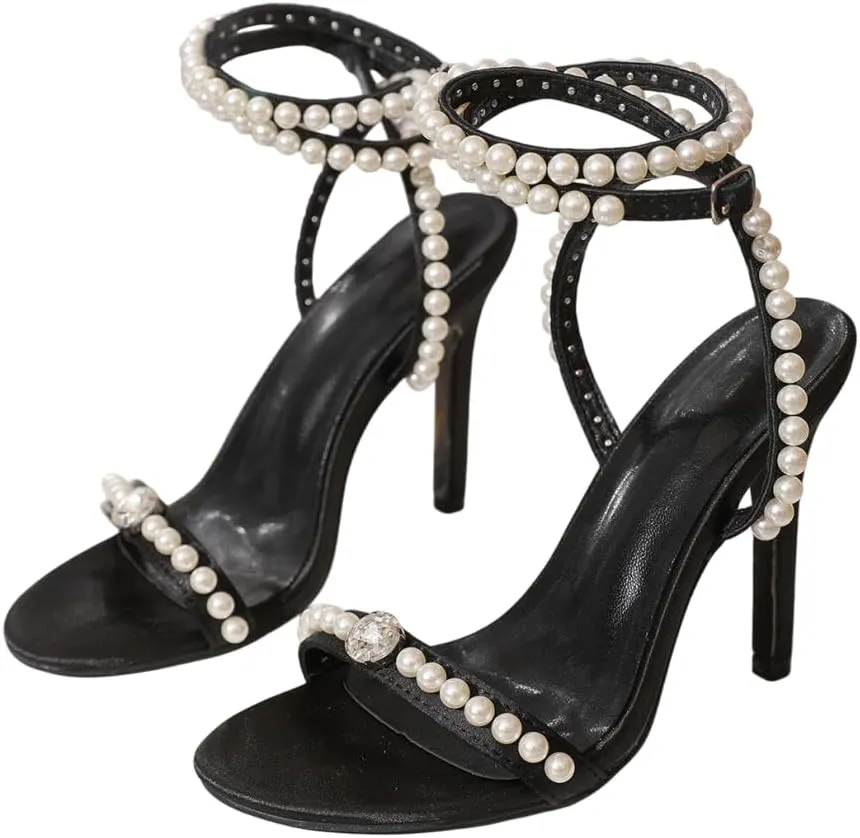 MissHeel Pearls Ankle Strap Dressy Heels Diamonte Stiletto Heels