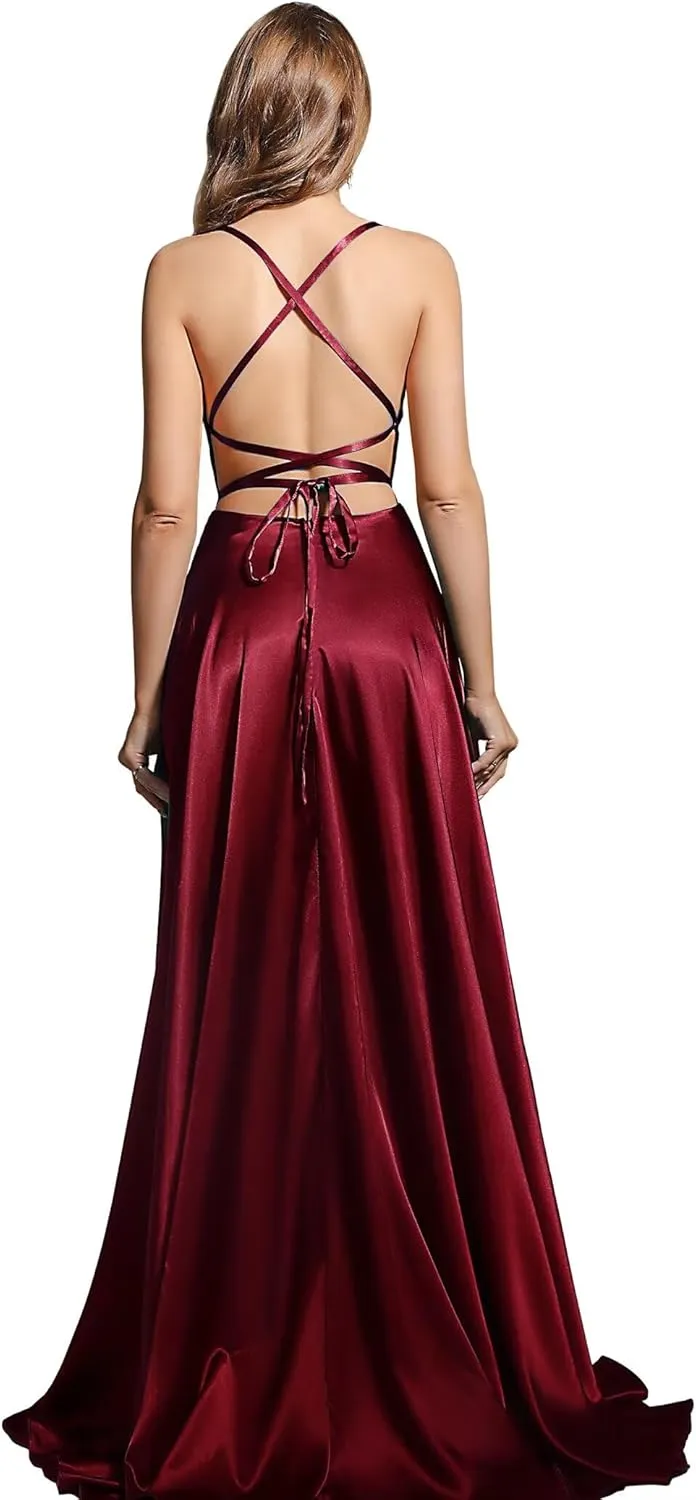 MisShow Women's Spaghetti Straps Prom Dresses Long Satin Bridesmaid Dress with Slit Formal Party Gown