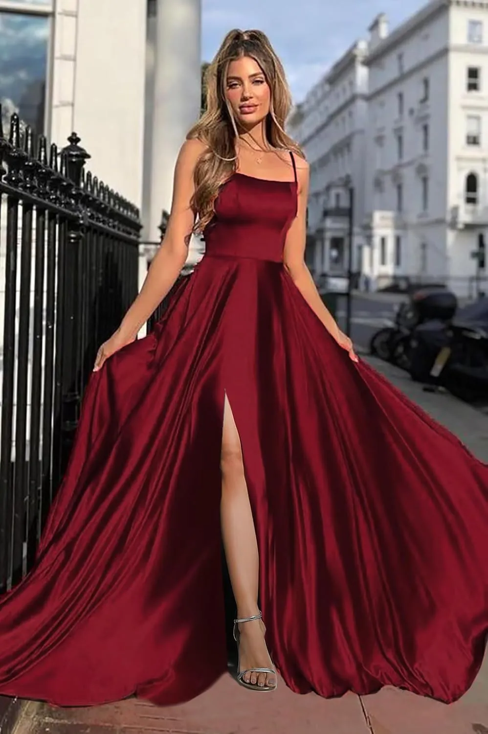 MisShow Women's Spaghetti Straps Prom Dresses Long Satin Bridesmaid Dress with Slit Formal Party Gown