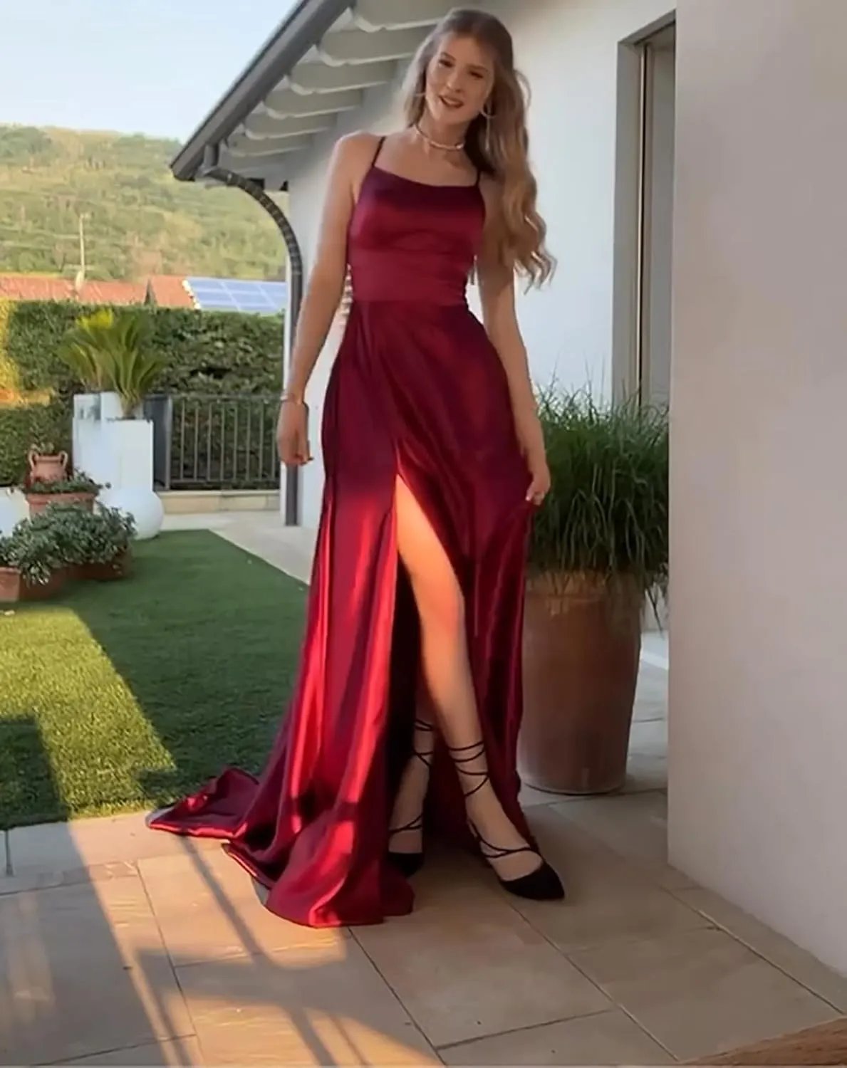 MisShow Women's Spaghetti Straps Prom Dresses Long Satin Bridesmaid Dress with Slit Formal Party Gown