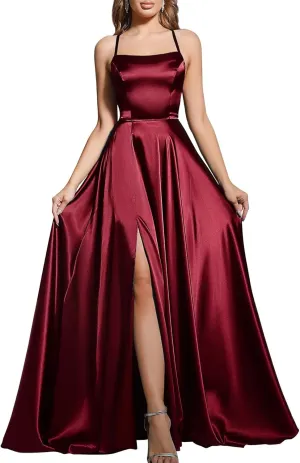 MisShow Women's Spaghetti Straps Prom Dresses Long Satin Bridesmaid Dress with Slit Formal Party Gown