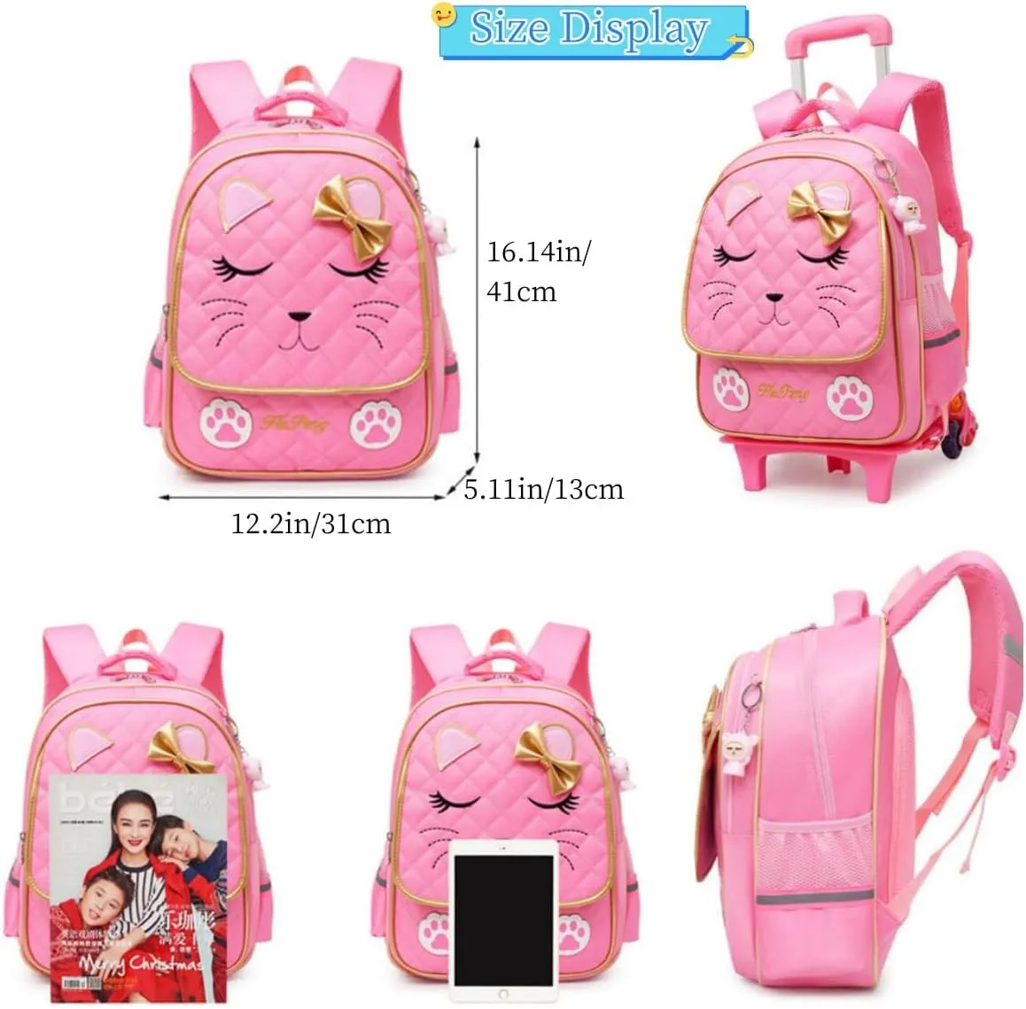 MITOWERMI Cute Rolling Backpack for Girls Trolley School Bags Cat-face Bowknot Girls Roller Backpacks with Wheels Kids Carry-on Travel Luggage Pink-2 Wheels