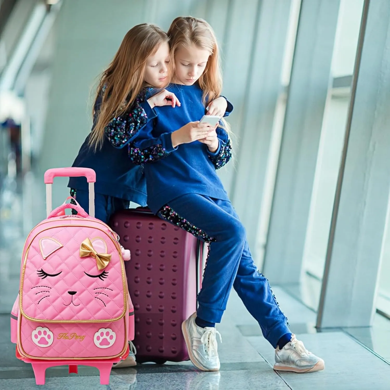 MITOWERMI Cute Rolling Backpack for Girls Trolley School Bags Cat-face Bowknot Girls Roller Backpacks with Wheels Kids Carry-on Travel Luggage Pink-2 Wheels