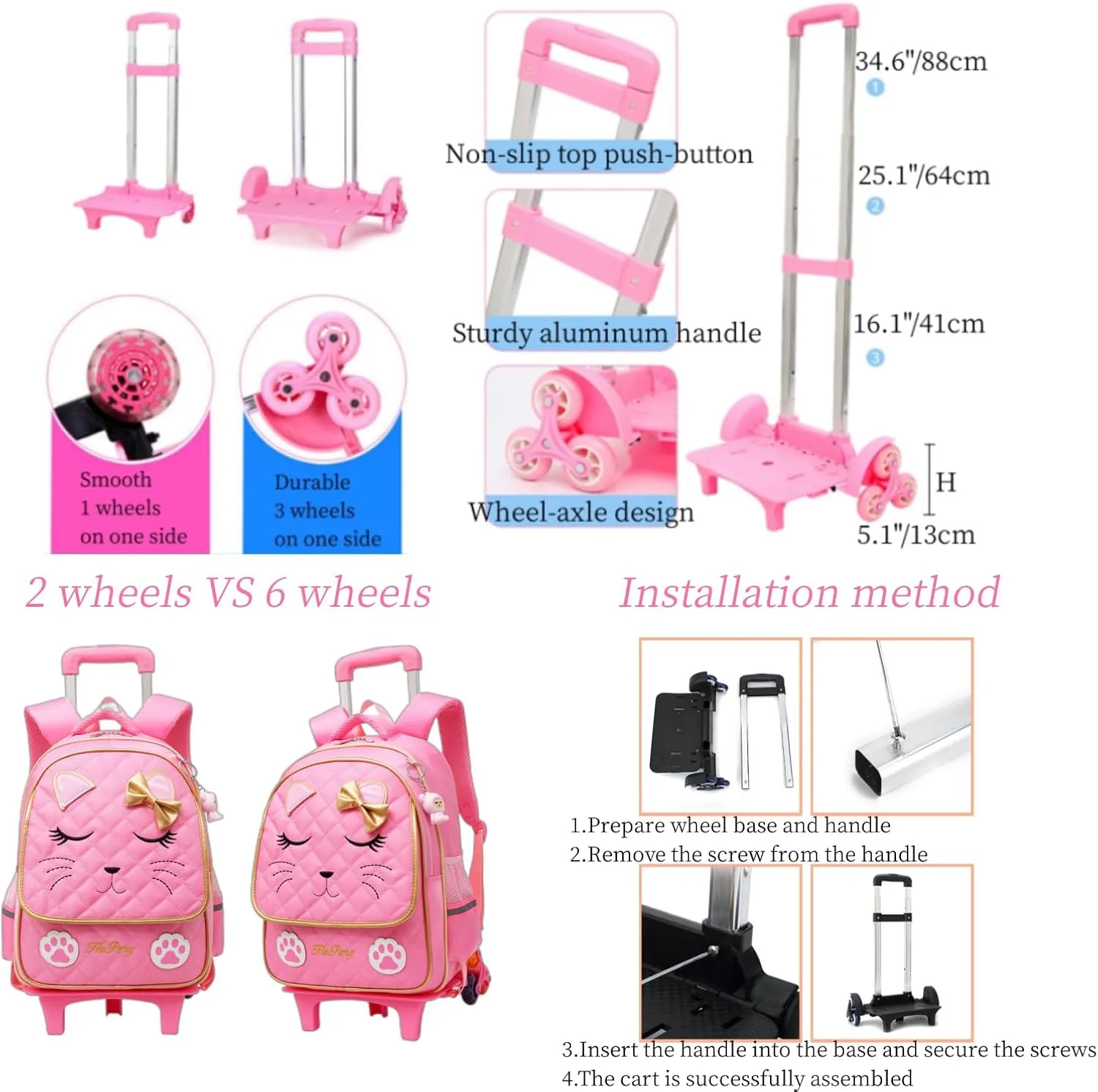 MITOWERMI Cute Rolling Backpack for Girls Trolley School Bags Cat-face Bowknot Girls Roller Backpacks with Wheels Kids Carry-on Travel Luggage Pink-2 Wheels