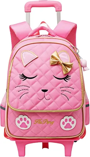 MITOWERMI Cute Rolling Backpack for Girls Trolley School Bags Cat-face Bowknot Girls Roller Backpacks with Wheels Kids Carry-on Travel Luggage Pink-2 Wheels