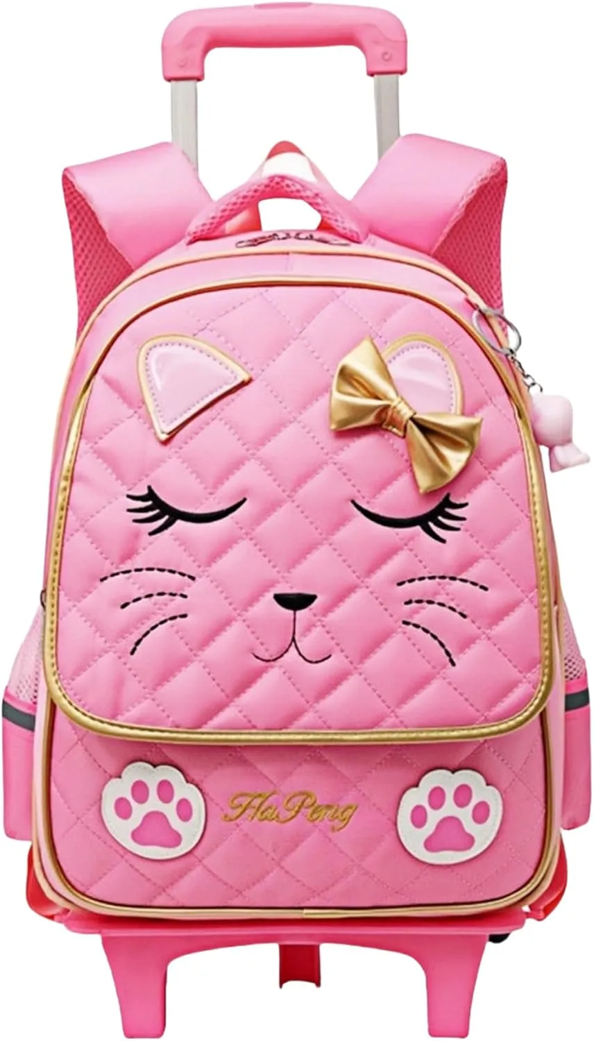 MITOWERMI Cute Rolling Backpack for Girls Trolley School Bags Cat-face Bowknot Girls Roller Backpacks with Wheels Kids Carry-on Travel Luggage Pink-2 Wheels