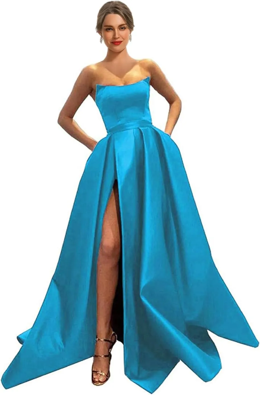 MllesReve Womens Long Strapless Satin Prom Dress Sleeveless Slit Evening Ball Gown with Pockets