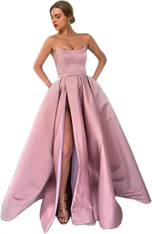 MllesReve Womens Long Strapless Satin Prom Dress Sleeveless Slit Evening Ball Gown with Pockets