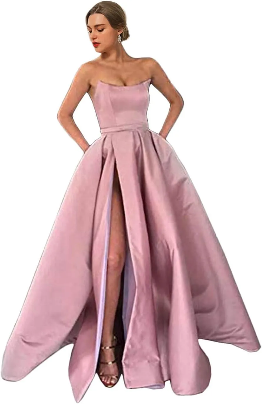 MllesReve Womens Long Strapless Satin Prom Dress Sleeveless Slit Evening Ball Gown with Pockets