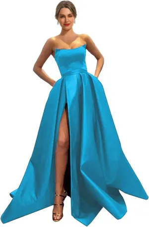 MllesReve Womens Long Strapless Satin Prom Dress Sleeveless Slit Evening Ball Gown with Pockets