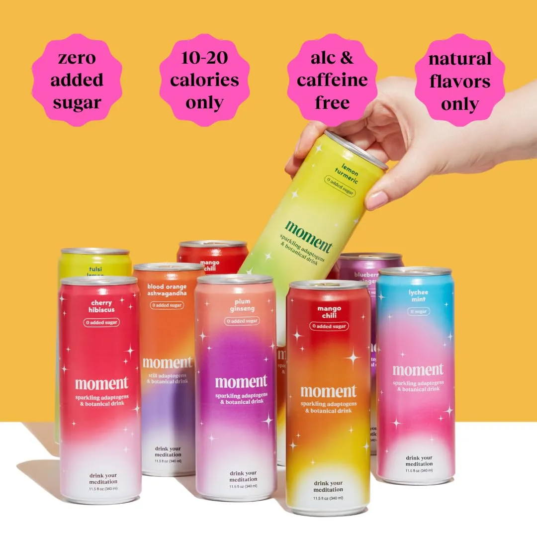 Moment Botanical Soda Soft Drink (Shark Tank) - SPARKLING Drinks | Fruity Fun | L-Theanine & Ashwagandha for Calm & Clarity | 0 Added Sugar 0 Caffeine | 12-pack