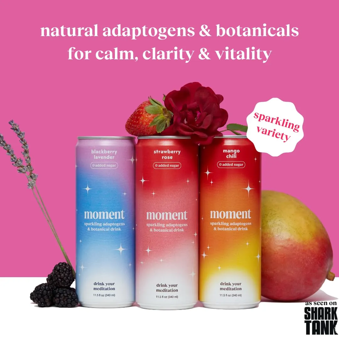 Moment Botanical Soda Soft Drink (Shark Tank) - SPARKLING Drinks | Fruity Fun | L-Theanine & Ashwagandha for Calm & Clarity | 0 Added Sugar 0 Caffeine | 12-pack