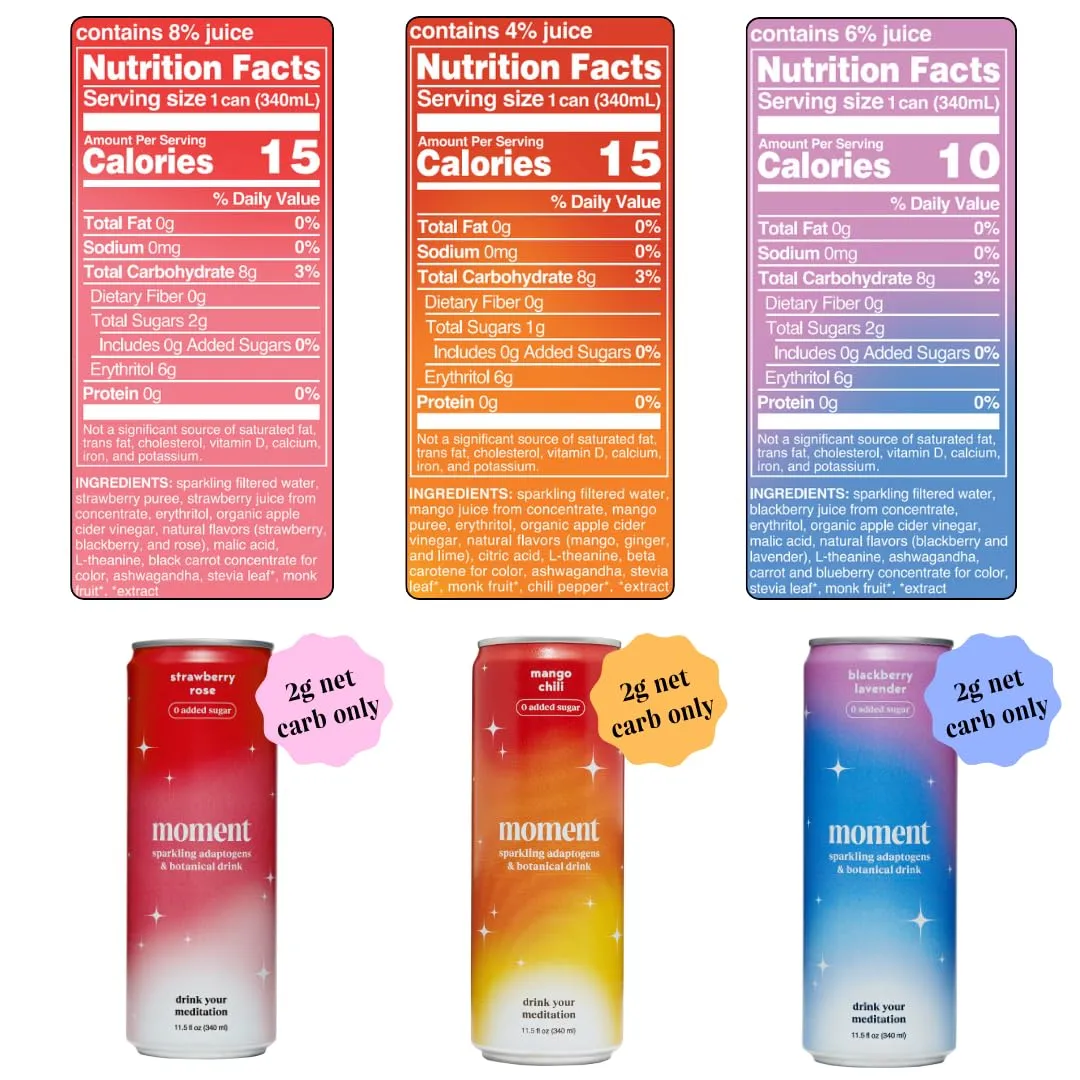 Moment Botanical Soda Soft Drink (Shark Tank) - SPARKLING Drinks | Fruity Fun | L-Theanine & Ashwagandha for Calm & Clarity | 0 Added Sugar 0 Caffeine | 12-pack