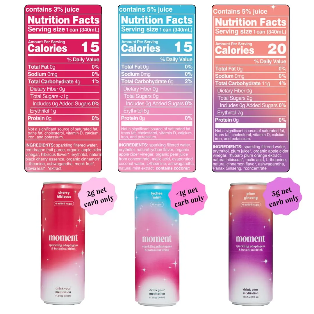 Moment Mocktails Non Alcoholic Drinks (Shark Tank) | SPARKLING Classics Adaptogen Drink | L-Theanine & Ashwagandha for Calm & Clarity | 0 Added Sugar 0 Caffeine | 12-pack
