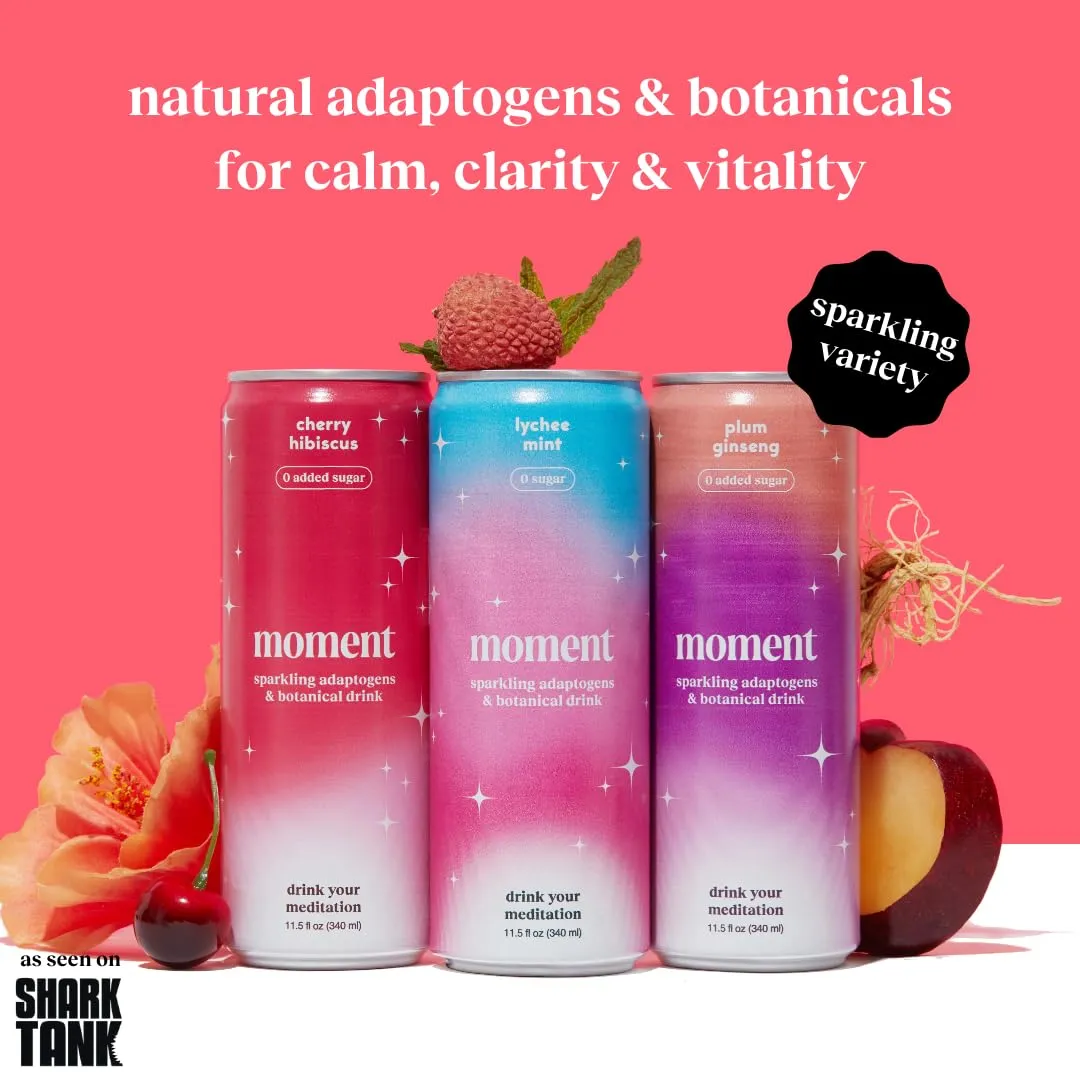 Moment Mocktails Non Alcoholic Drinks (Shark Tank) | SPARKLING Mocktails Adaptogen Drink | L-Theanine & Ashwagandha for Calm & Clarity | 0 Added Sugar 0 Caffeine | 12-pack