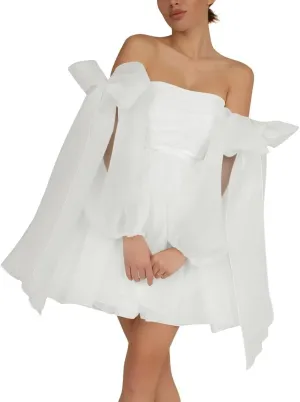 Monlity Off The Shoulder Organza Homecoming Dresses Bow Tie Long Sleeve Prom Dresses Short A-Line Formal Cocktail Party Gown