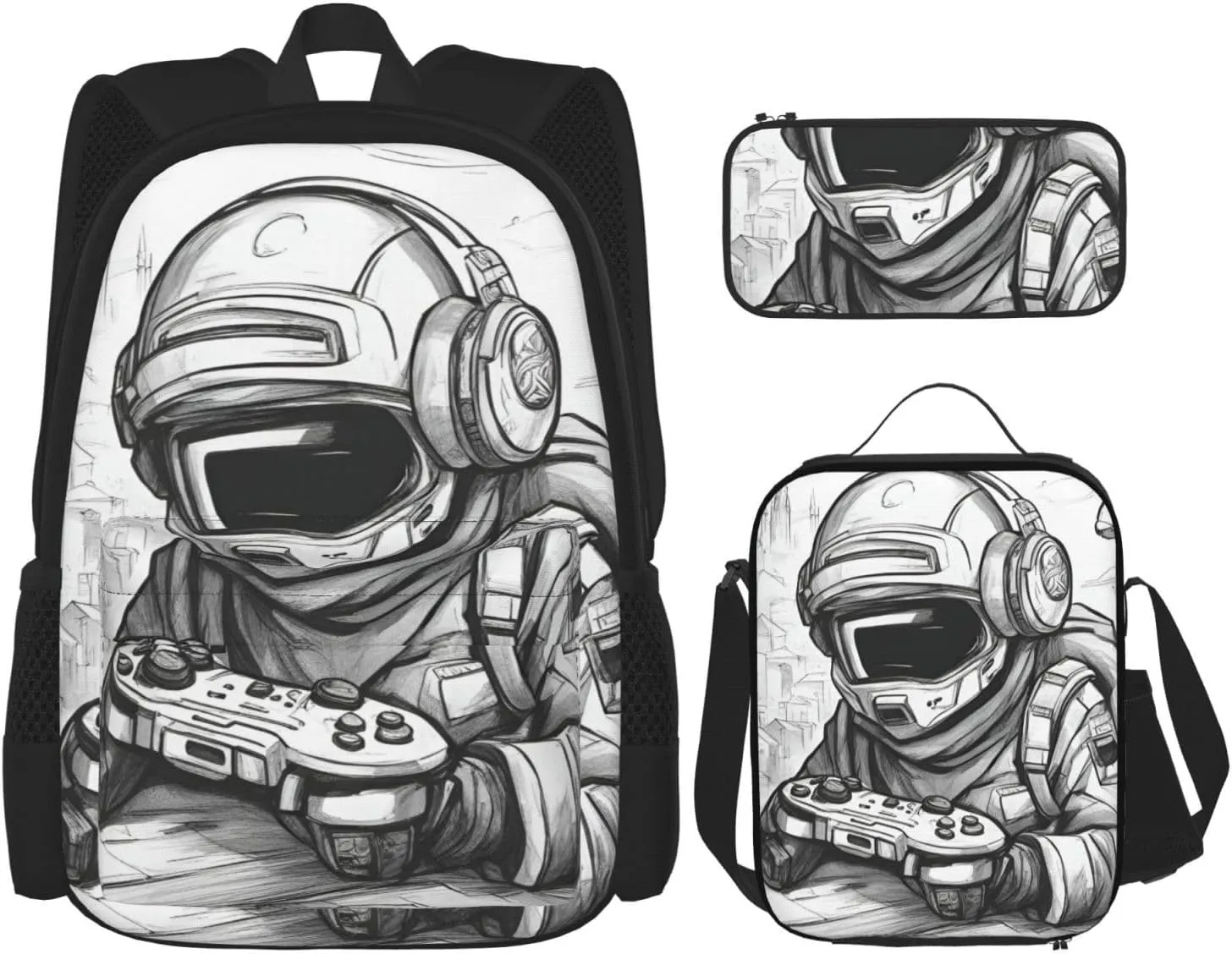 Monochrome Sketch Style Gaming Print Travel Backpack Set,Stylish 600d Oxford Fabric,Insulated Lunch Bag,And Cosmetic Pouch