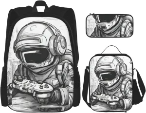 Monochrome Sketch Style Gaming Print Travel Backpack Set,Stylish 600d Oxford Fabric,Insulated Lunch Bag,And Cosmetic Pouch