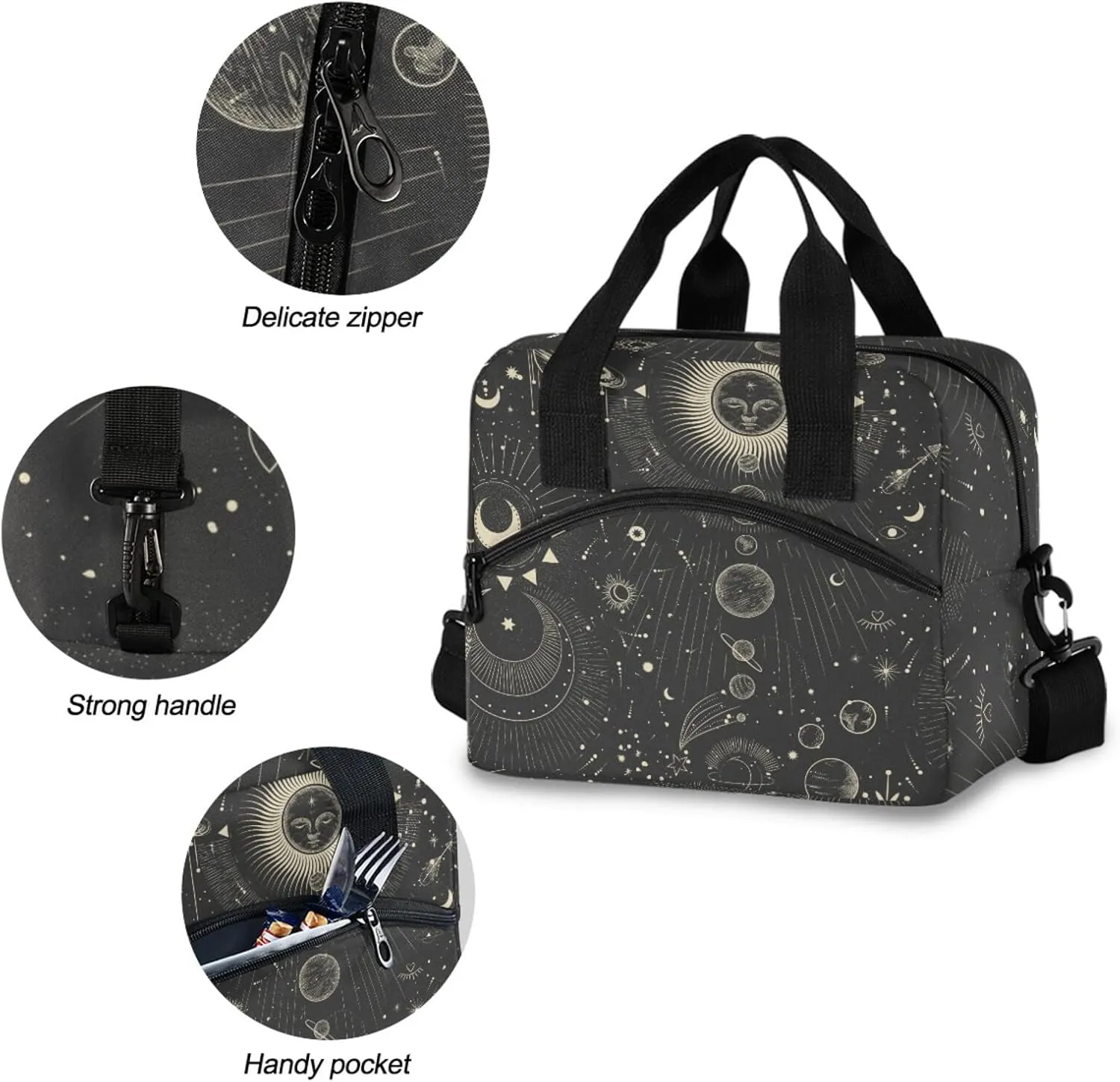 Moon And Stars Goth Insulated Lunch Bag Reusable Lunch Tote Bag Cooler Bag for Women Men Adult Lunch Box with Adjustable Shoulder Strap Leakproof Lunch Bag for Work School Picnic Camping