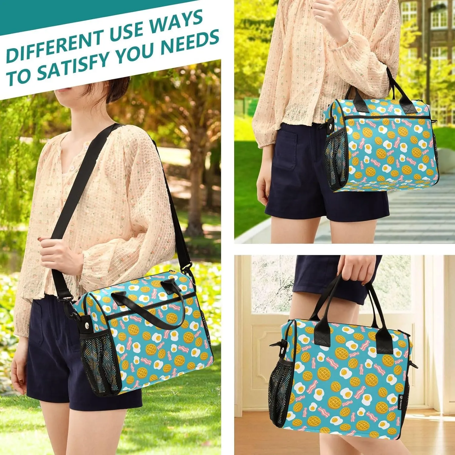 Morning Breakfast Eggs Bacon Lunch Bag & Lunch Box for Women with Adjustable Shoulder Belt Insulated Portable Lunch Tote Bag Cooler Bag for Girls Travel Office Picnic