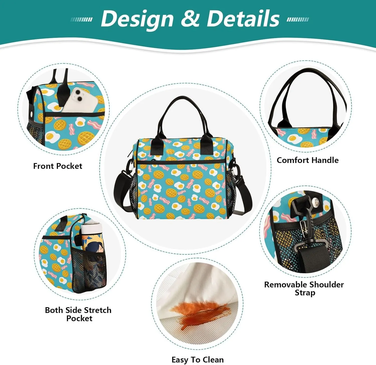 Morning Breakfast Eggs Bacon Lunch Bag & Lunch Box for Women with Adjustable Shoulder Belt Insulated Portable Lunch Tote Bag Cooler Bag for Girls Travel Office Picnic
