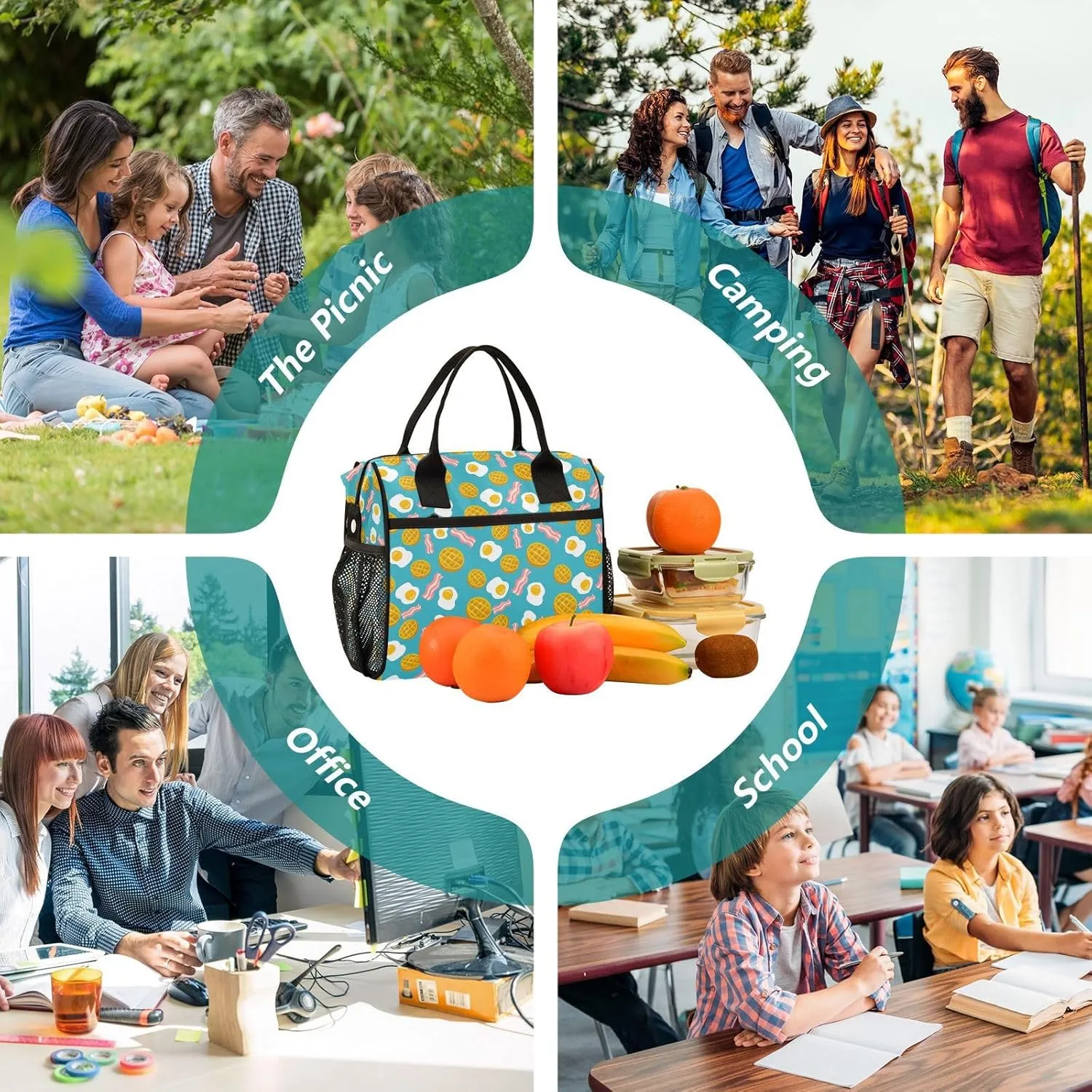 Morning Breakfast Eggs Bacon Lunch Bag & Lunch Box for Women with Adjustable Shoulder Belt Insulated Portable Lunch Tote Bag Cooler Bag for Girls Travel Office Picnic