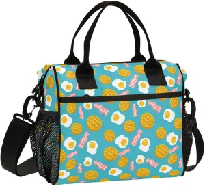 Morning Breakfast Eggs Bacon Lunch Bag & Lunch Box for Women with Adjustable Shoulder Belt Insulated Portable Lunch Tote Bag Cooler Bag for Girls Travel Office Picnic