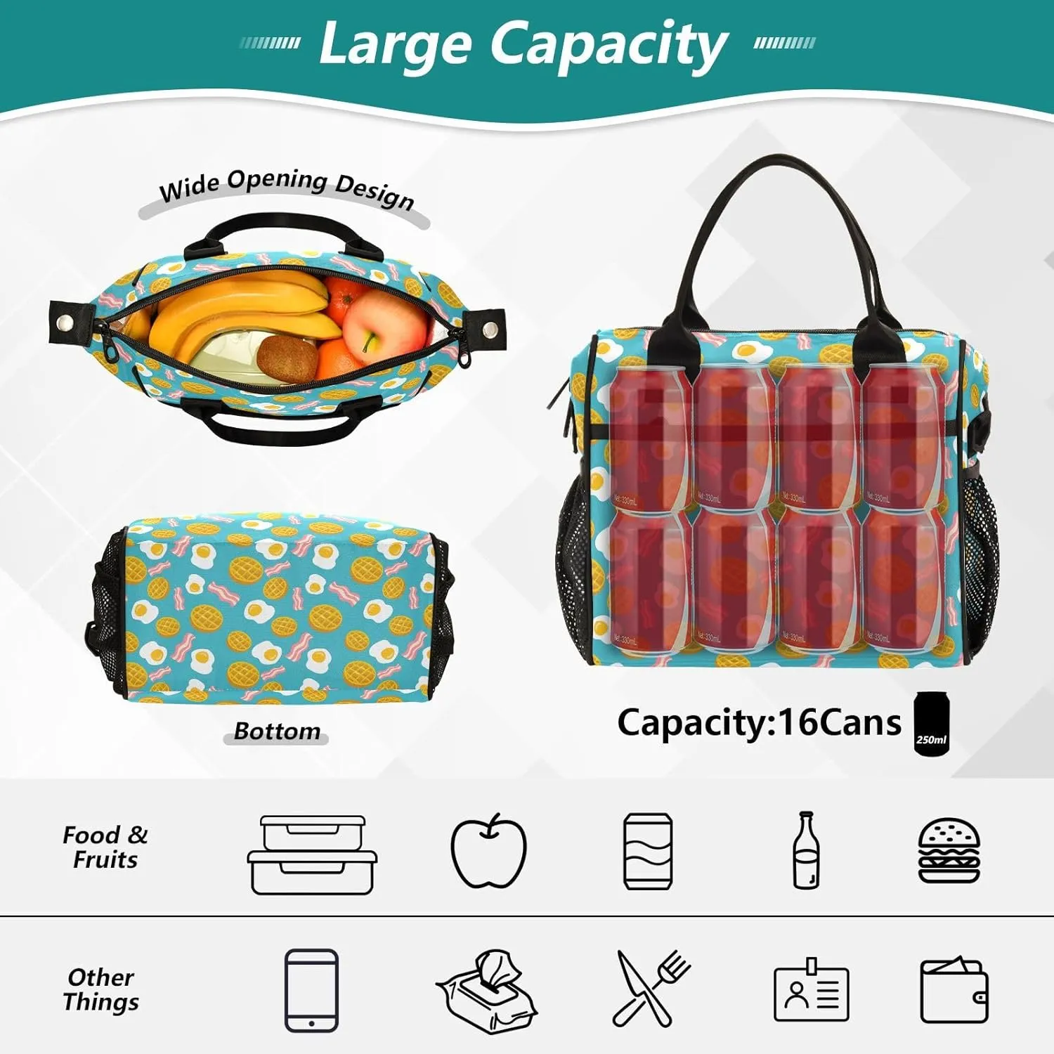 Morning Breakfast Eggs Bacon Lunch Bag & Lunch Box for Women with Adjustable Shoulder Belt Insulated Portable Lunch Tote Bag Cooler Bag for Girls Travel Office Picnic