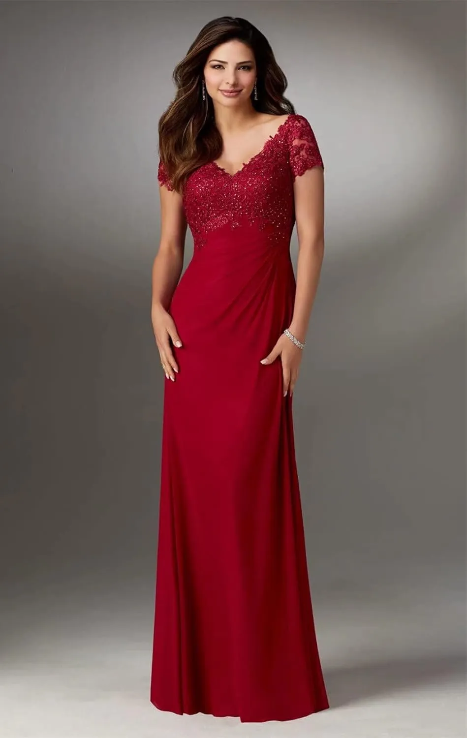 Mother of The Bride Dresses Long Laces Appliques V-Neck Cap Sleeve Pleat Formal Evening Gowns