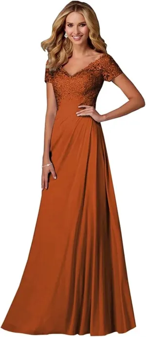 Mother of The Bride Dresses Long Laces Appliques V-Neck Cap Sleeve Pleat Formal Evening Gowns
