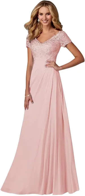 Mother of The Bride Dresses Long Laces Appliques V-Neck Cap Sleeve Pleat Formal Evening Gowns