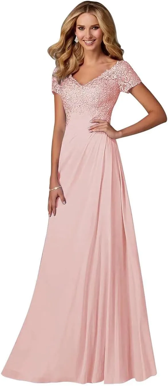 Mother of The Bride Dresses Long Laces Appliques V-Neck Cap Sleeve Pleat Formal Evening Gowns