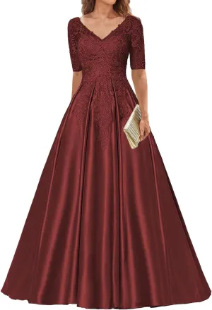 Mother of The Bride Dresses V Neck Evening Formal Dresses for Wedding Guest Groom Gowns Lace Applique with Sleeves Women