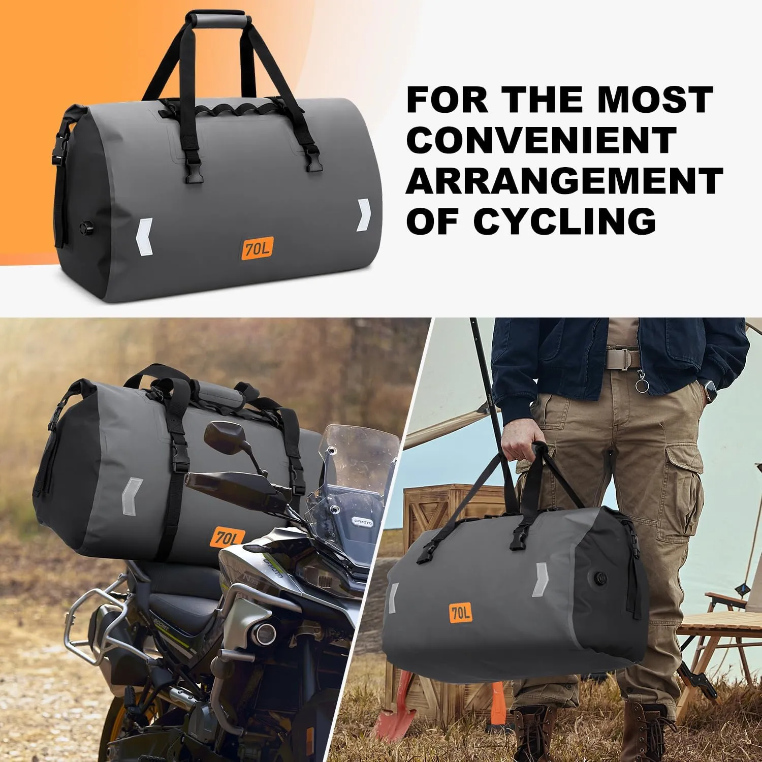 Motorcycle Dry Bag, Waterproof Duffel Bag & Roll-top Dry Duffel Bag, Motorcycle Luggage Travel Bag with Air Valve & Quick-adjust Straps For Riding,Travel, Grey，70L